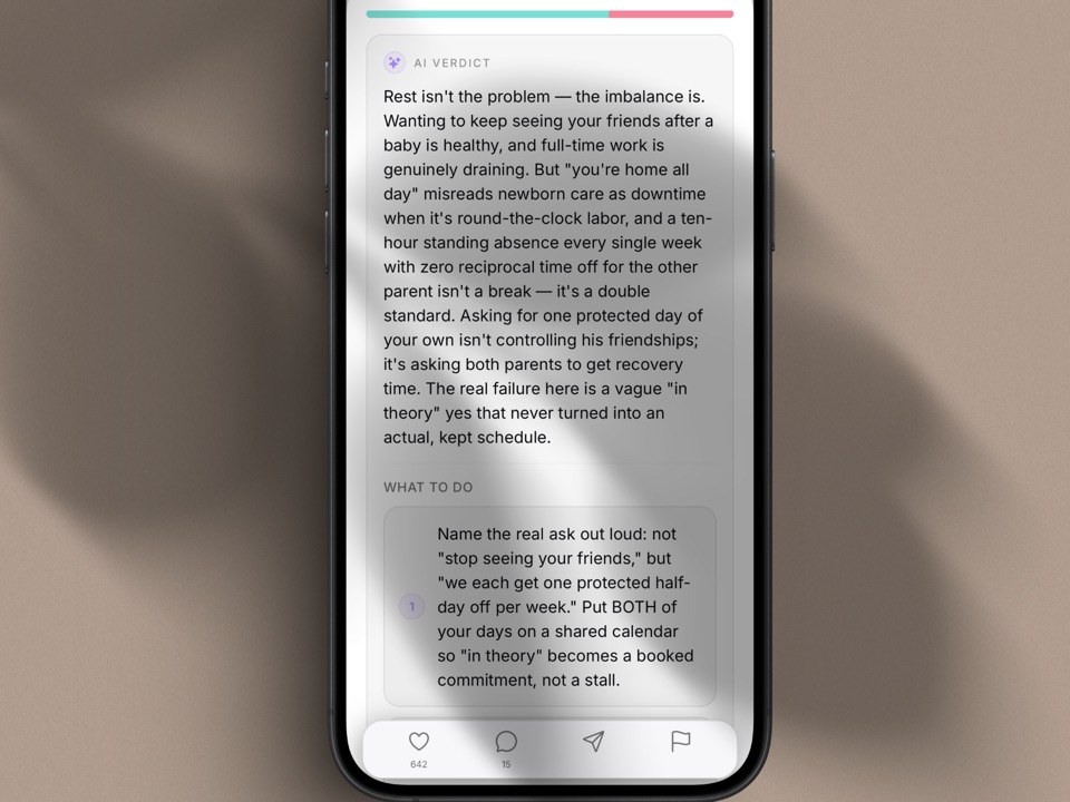 A verdict screen showing the fault split percentage with the AI reasoning and next steps