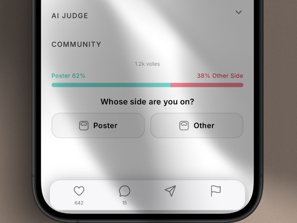 A case screen with the community vote bar at 62 percent and buttons to side with the poster or the other side