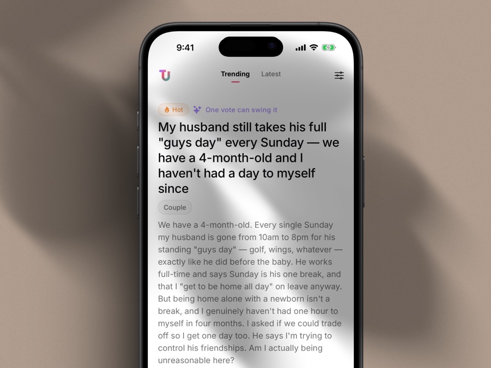 The trending feed showing a hot case about a new parent's weekends, tagged Couple
